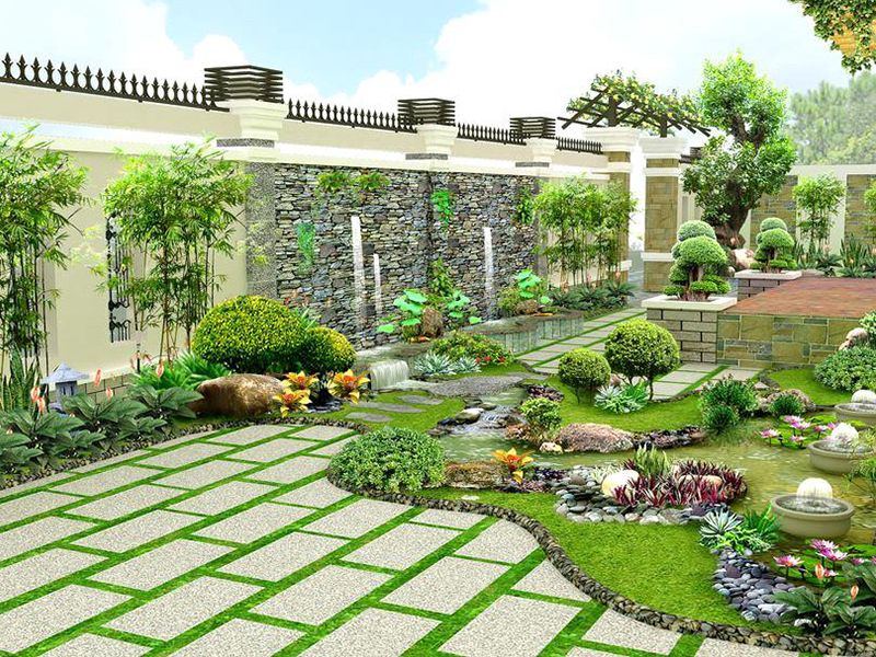 Lát đá phiến sân vườn với cỏ tự nhiên